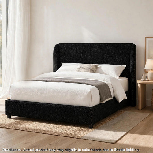 Inya Queen Size Bed | Shelter Padded Headboard | Black Boucle Upholstery