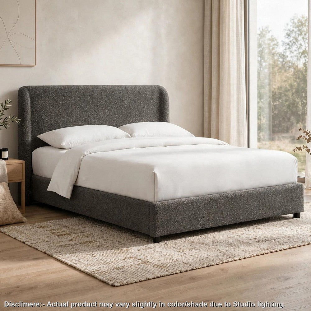 Inya Queen Size Bed | Shelter Padded Headboard | Gray Boucle Upholstery