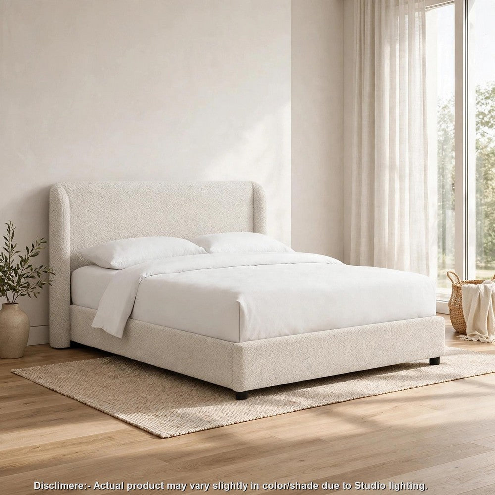 Inya Queen Size Bed | Shelter Padded Headboard | White Boucle Upholstery