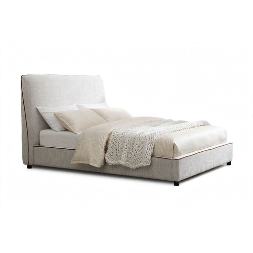Ena Queen Size Bed | Oak Upholstery with Brown Contrast Welt | Low Profile