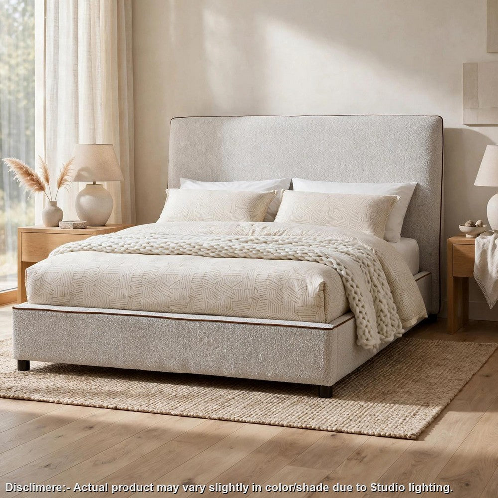 Ena Queen Size Bed | Oak Upholstery with Brown Contrast Welt | Low Profile