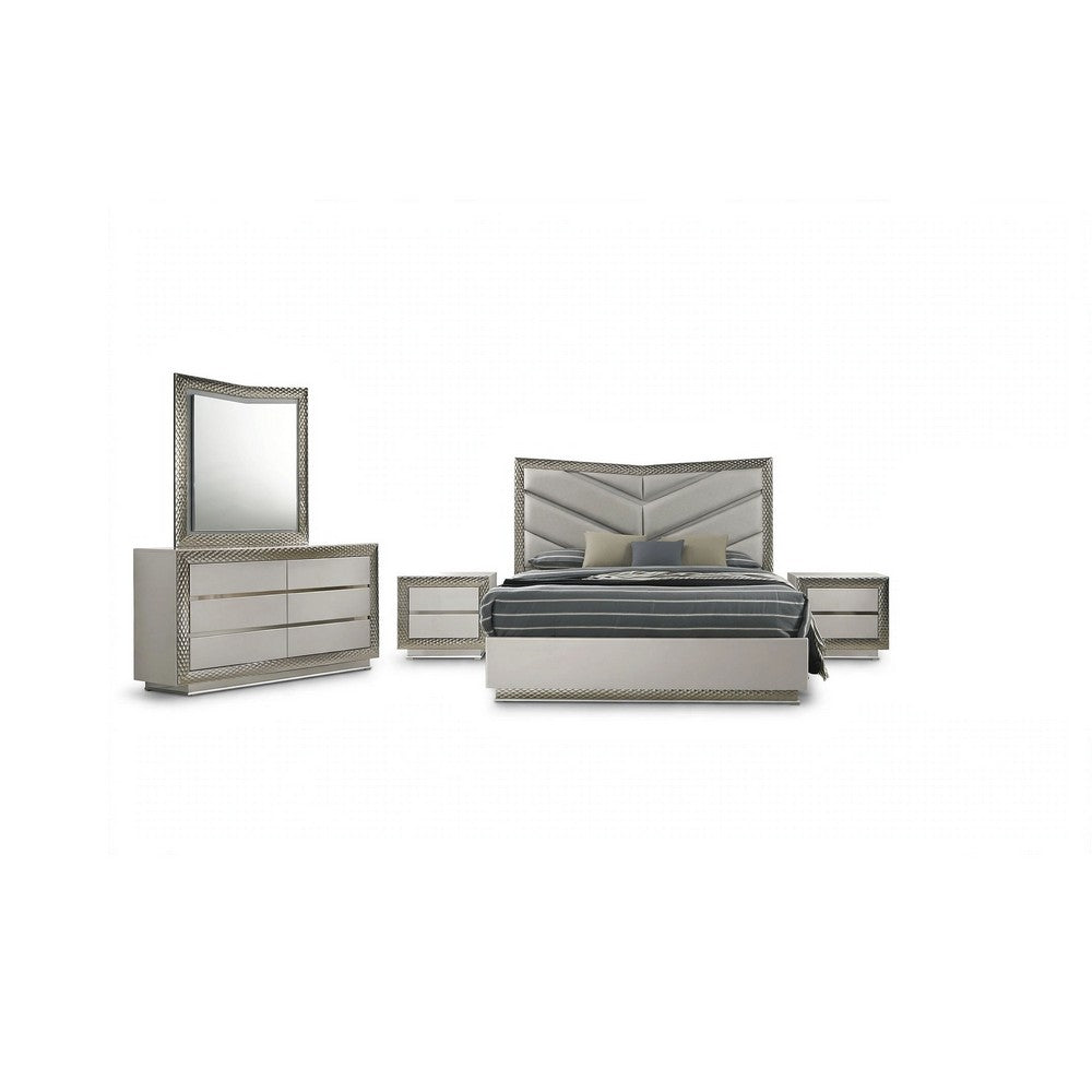 Vino 5pc Queen Bedroom Set w 2 Nighstands | LED Headboard and Mirror | Gray