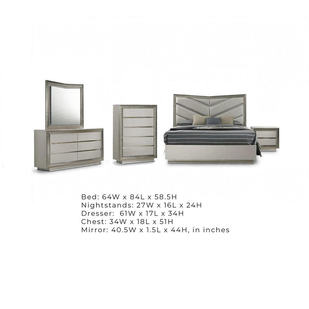 Vino 5pc Queen Bedroom Set | LED Headboard and Mirror | Metallic Gray