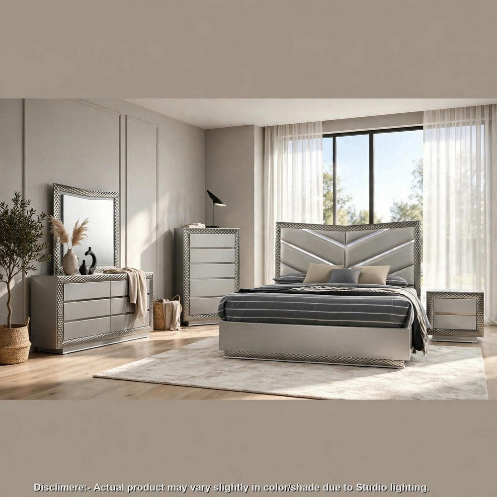 Vino 5pc Queen Bedroom Set | LED Headboard and Mirror | Metallic Gray