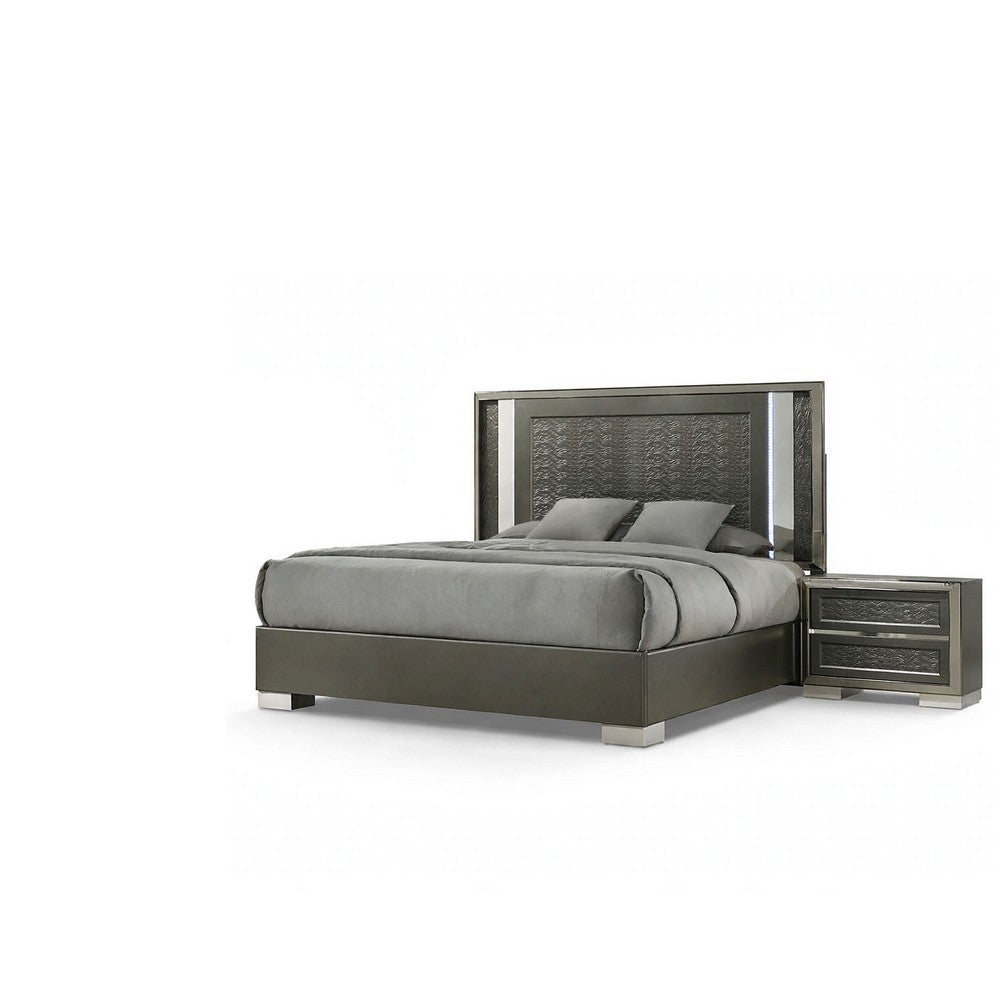Levi 4pc Queen Bedroom Set | LED Headboard and Mirror | Leaf Molding | Gray