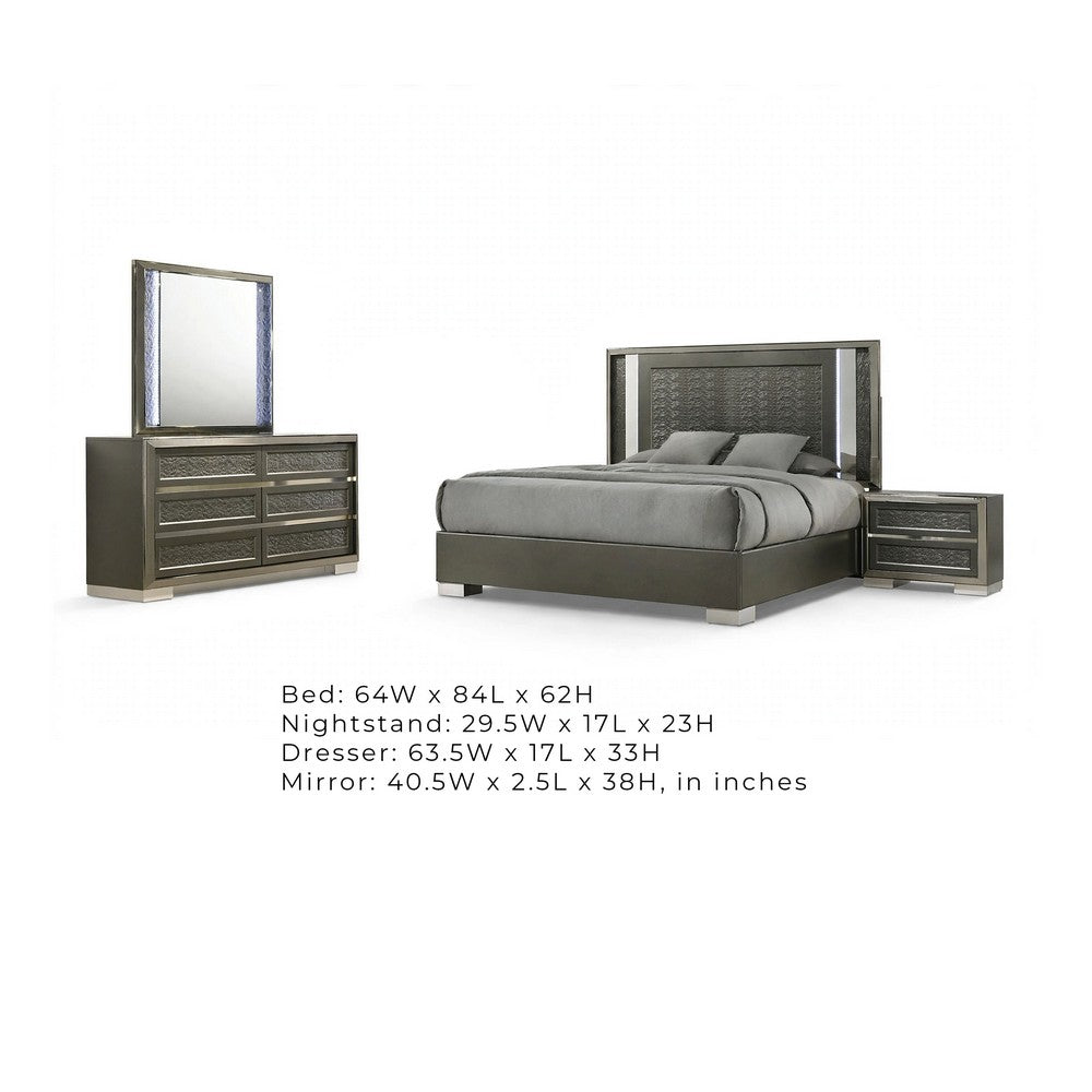 Levi 4pc Queen Bedroom Set | LED Headboard and Mirror | Leaf Molding | Gray
