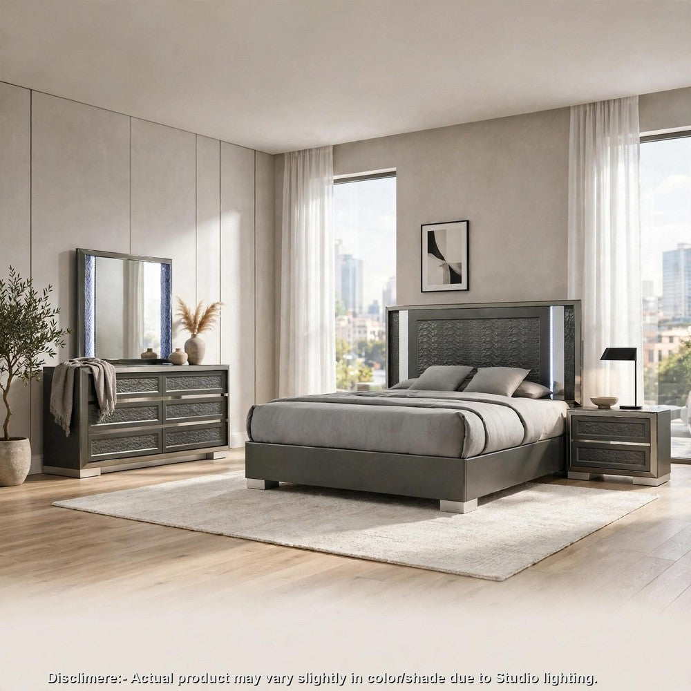 Levi 4pc Queen Bedroom Set | LED Headboard and Mirror | Leaf Molding | Gray