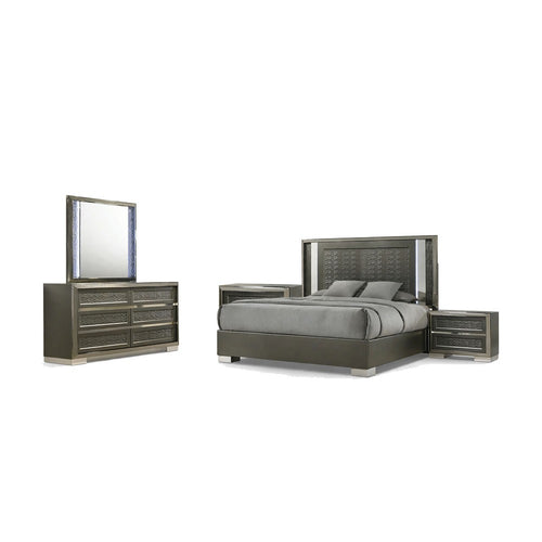 Levi 5pc Queen Bedroom Set w 2 Nighstands | LED Mirror | Leaf Molding | Gray