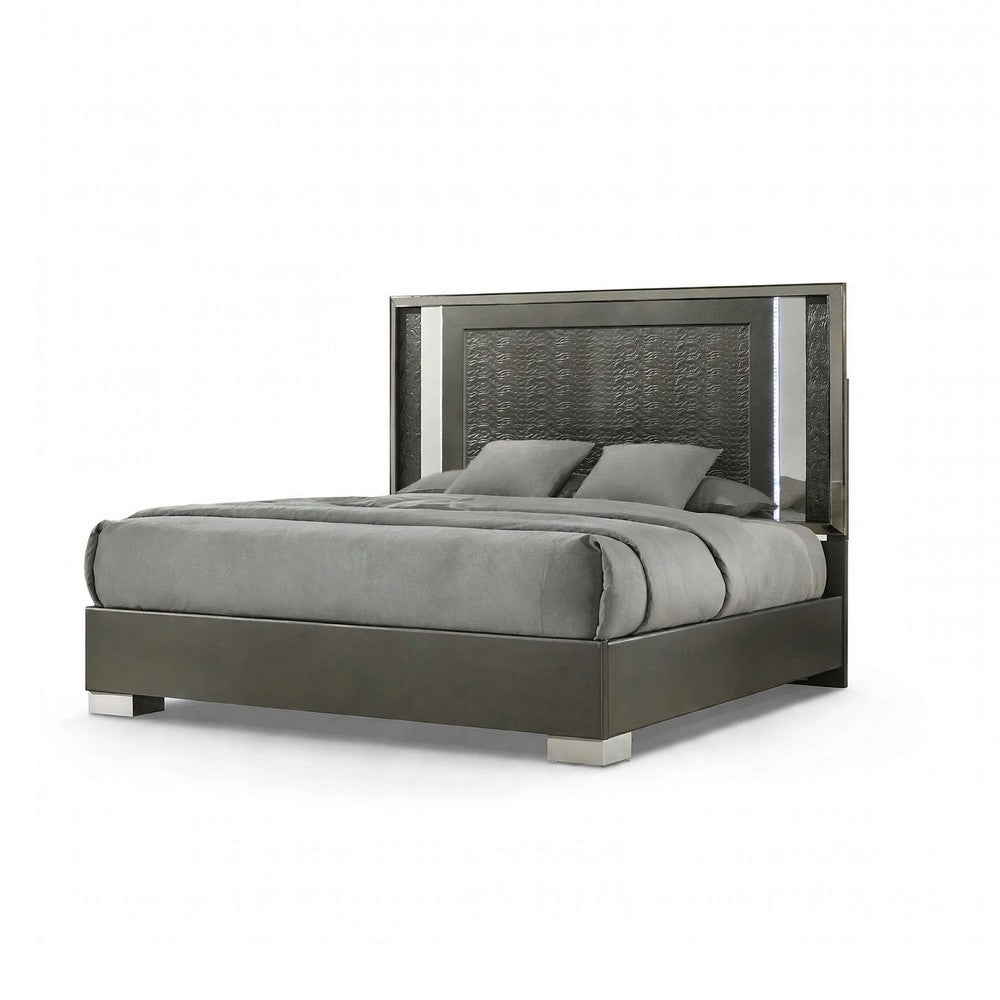 Levi 5pc Queen Bedroom Set w 2 Nighstands | LED Mirror | Leaf Molding | Gray