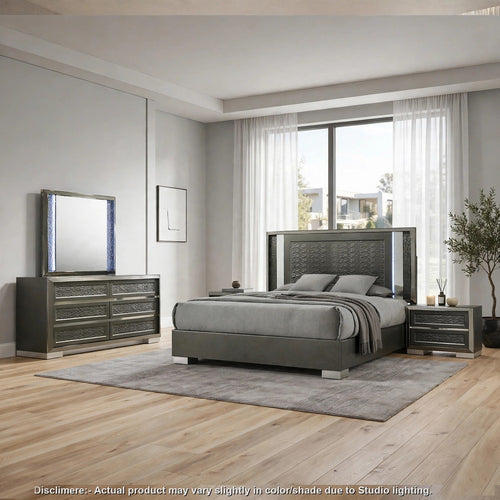 Levi 5pc Queen Bedroom Set w 2 Nighstands | LED Mirror | Leaf Molding | Gray
