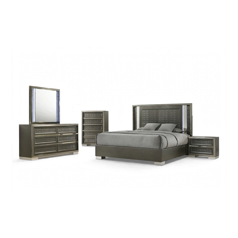 Levi 5pc Queen Bedroom Set | LED Headboard and Mirror | Leaf Molding | Gray