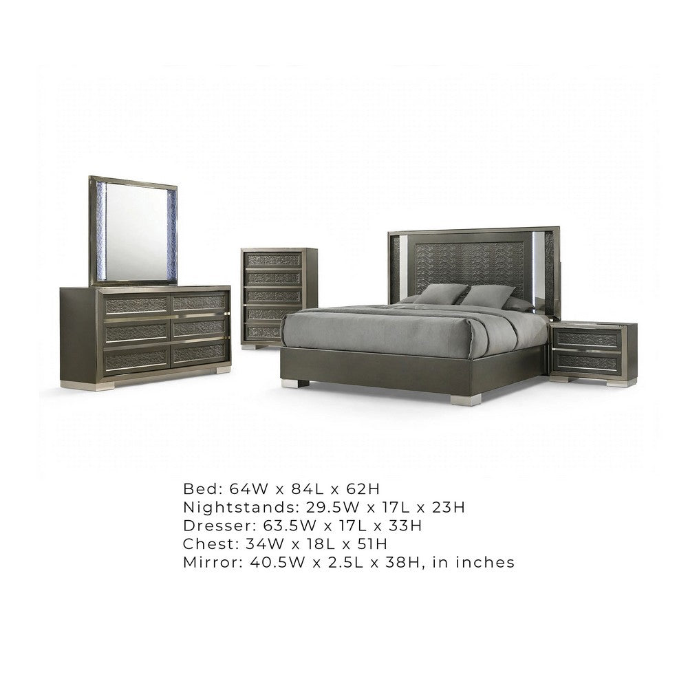 Levi 5pc Queen Bedroom Set | LED Headboard and Mirror | Leaf Molding | Gray