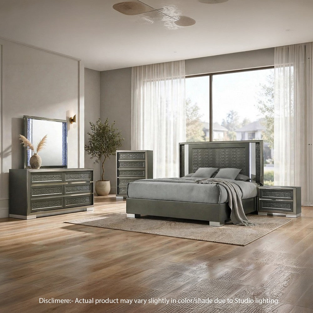 Levi 5pc Queen Bedroom Set | LED Headboard and Mirror | Leaf Molding | Gray