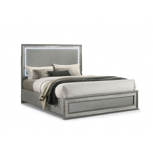 Cyl King Bed | LED Headboard | Scale Molding Trim in Silver | Metallic Gray
