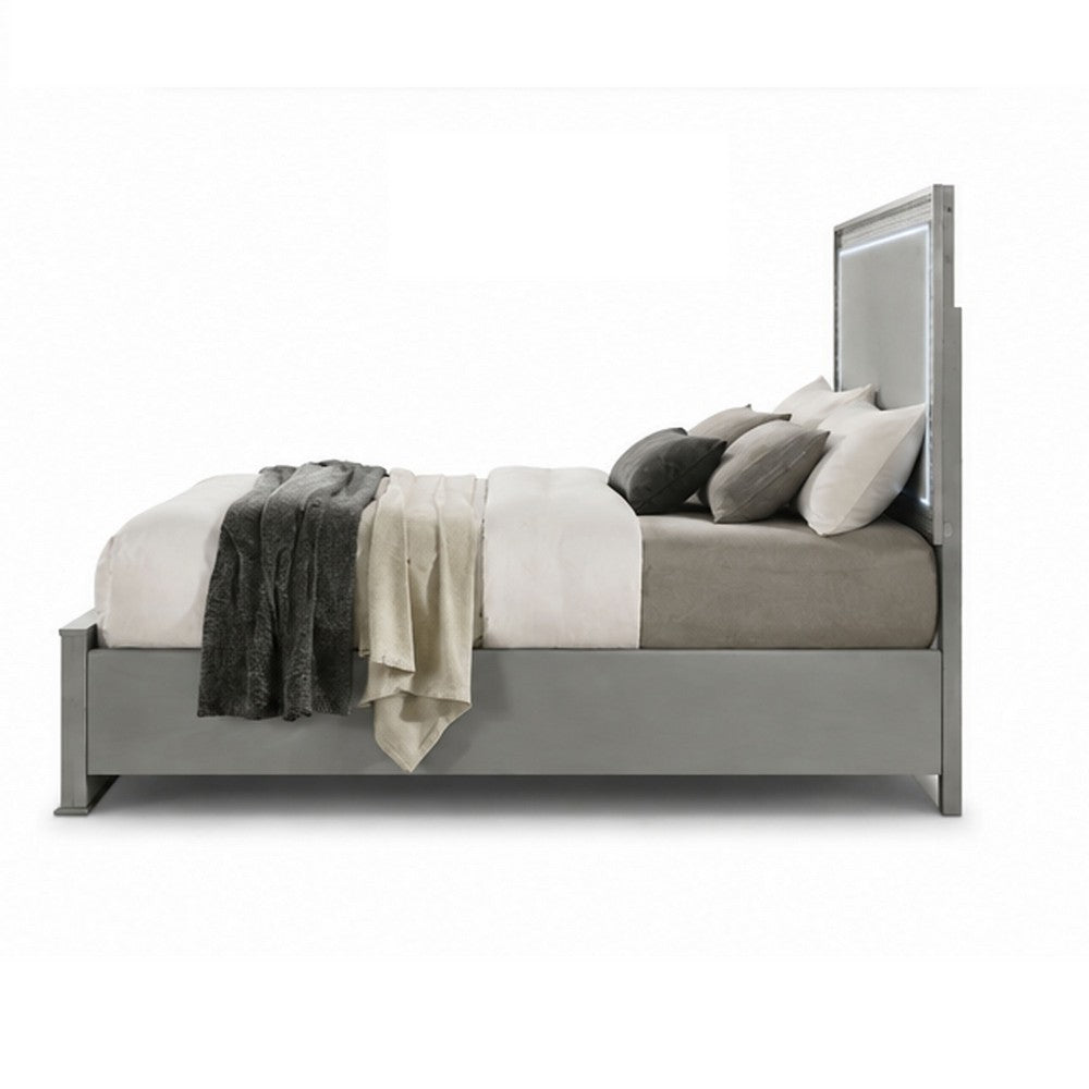 Cyl King Bed | LED Headboard | Scale Molding Trim in Silver | Metallic Gray