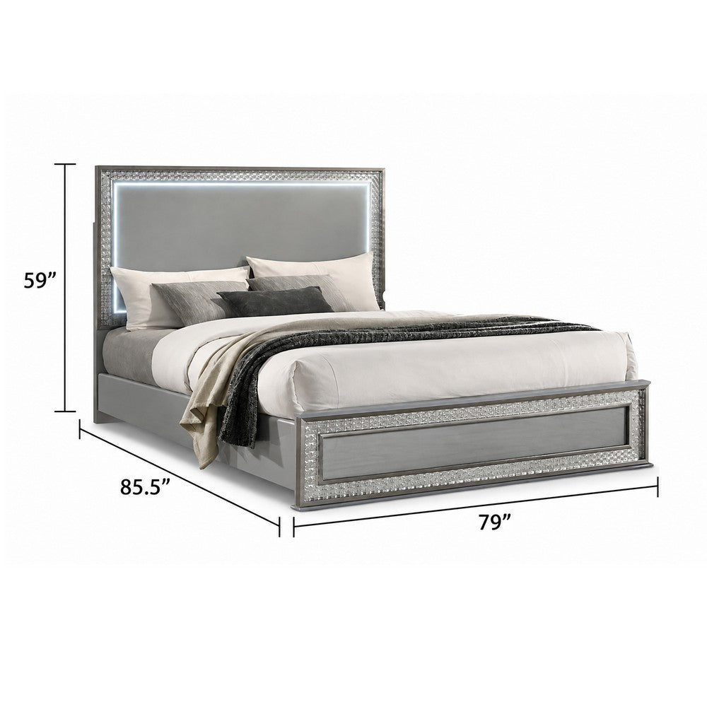 Cyl King Bed | LED Headboard | Scale Molding Trim in Silver | Metallic Gray