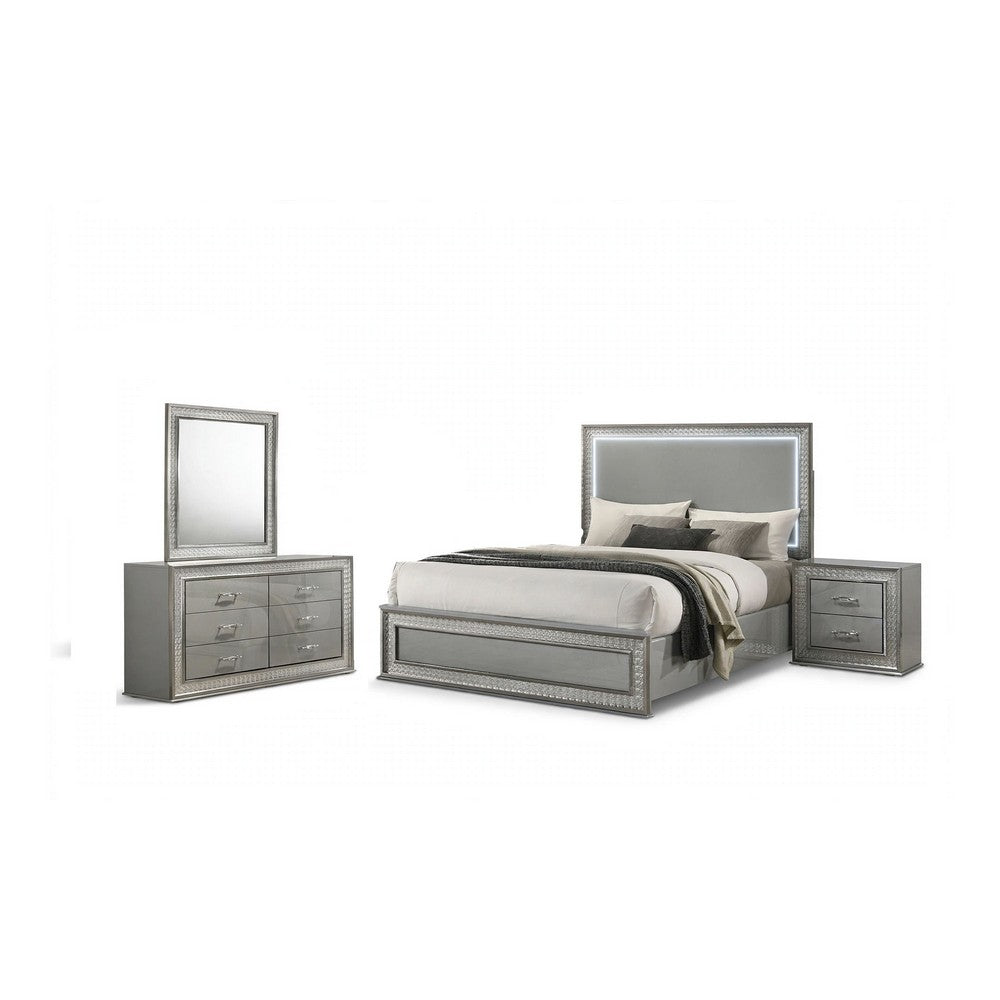 Cyl 4pc Queen Bedroom Set | LED Headboard and Mirror | Metallic Gray