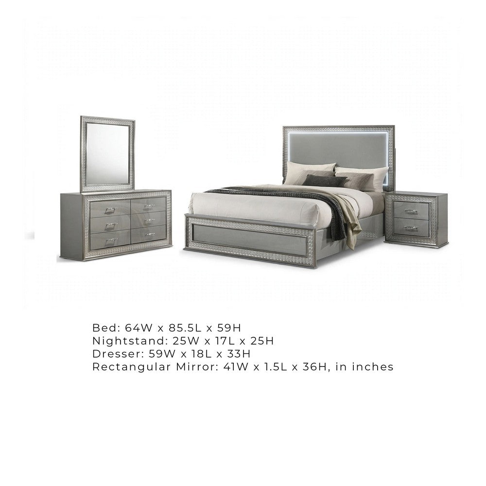 Cyl 4pc Queen Bedroom Set | LED Headboard and Mirror | Metallic Gray
