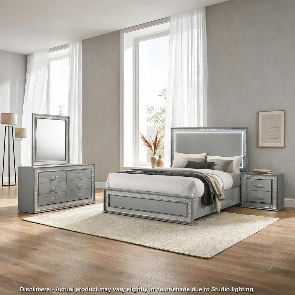 Cyl 4pc Queen Bedroom Set | LED Headboard and Mirror | Metallic Gray