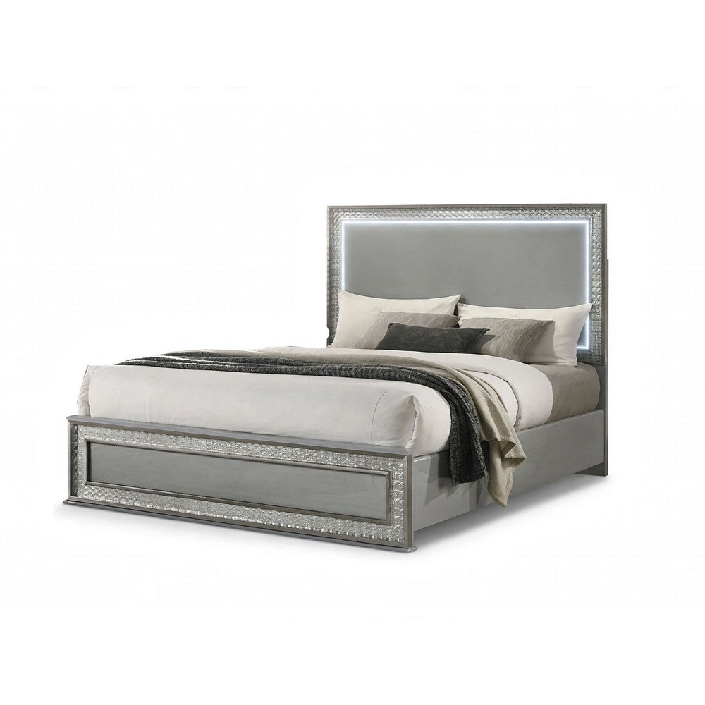 Cyl 5pc Queen Bedroom Set w 2 Nighstands | LED Headboard | Metallic Gray