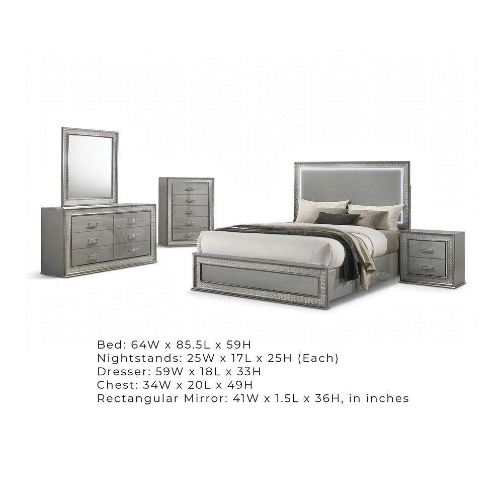 Cyl 5pc Queen Bedroom Set | LED Headboard and Mirror | Metallic Gray