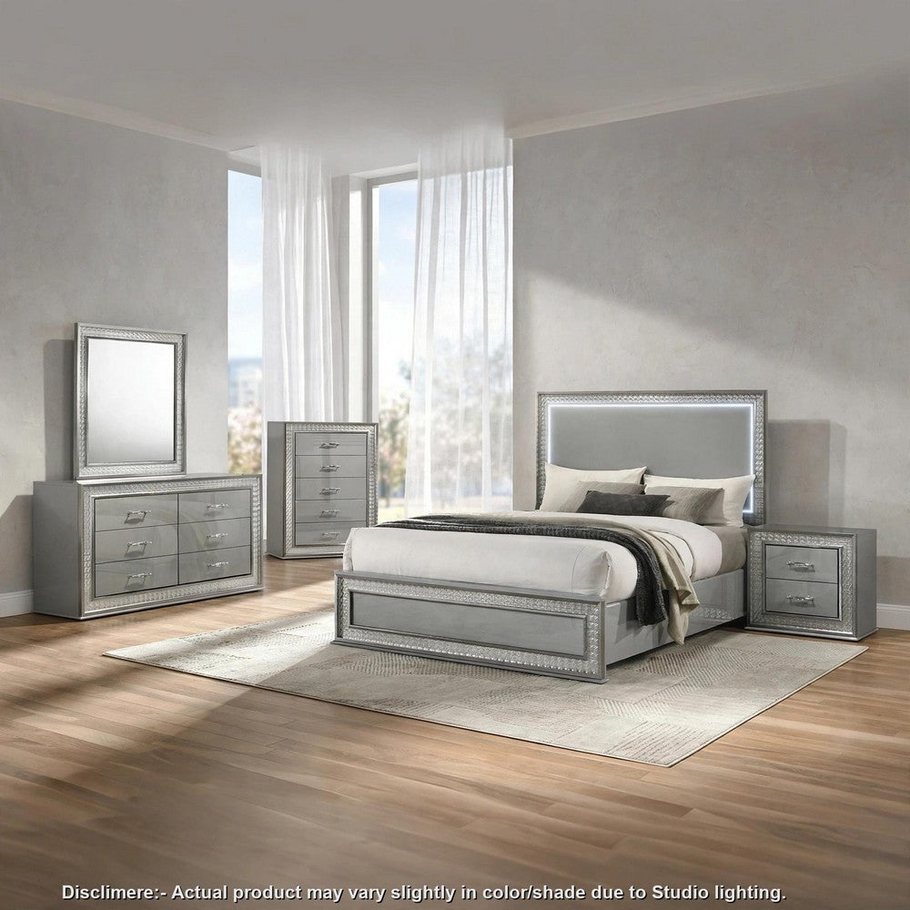 Cyl 5pc Queen Bedroom Set | LED Headboard and Mirror | Metallic Gray