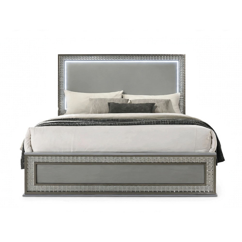 Cyl Queen Bed | LED Headboard | Scale Molding Trim in Silver | Metallic Gray
