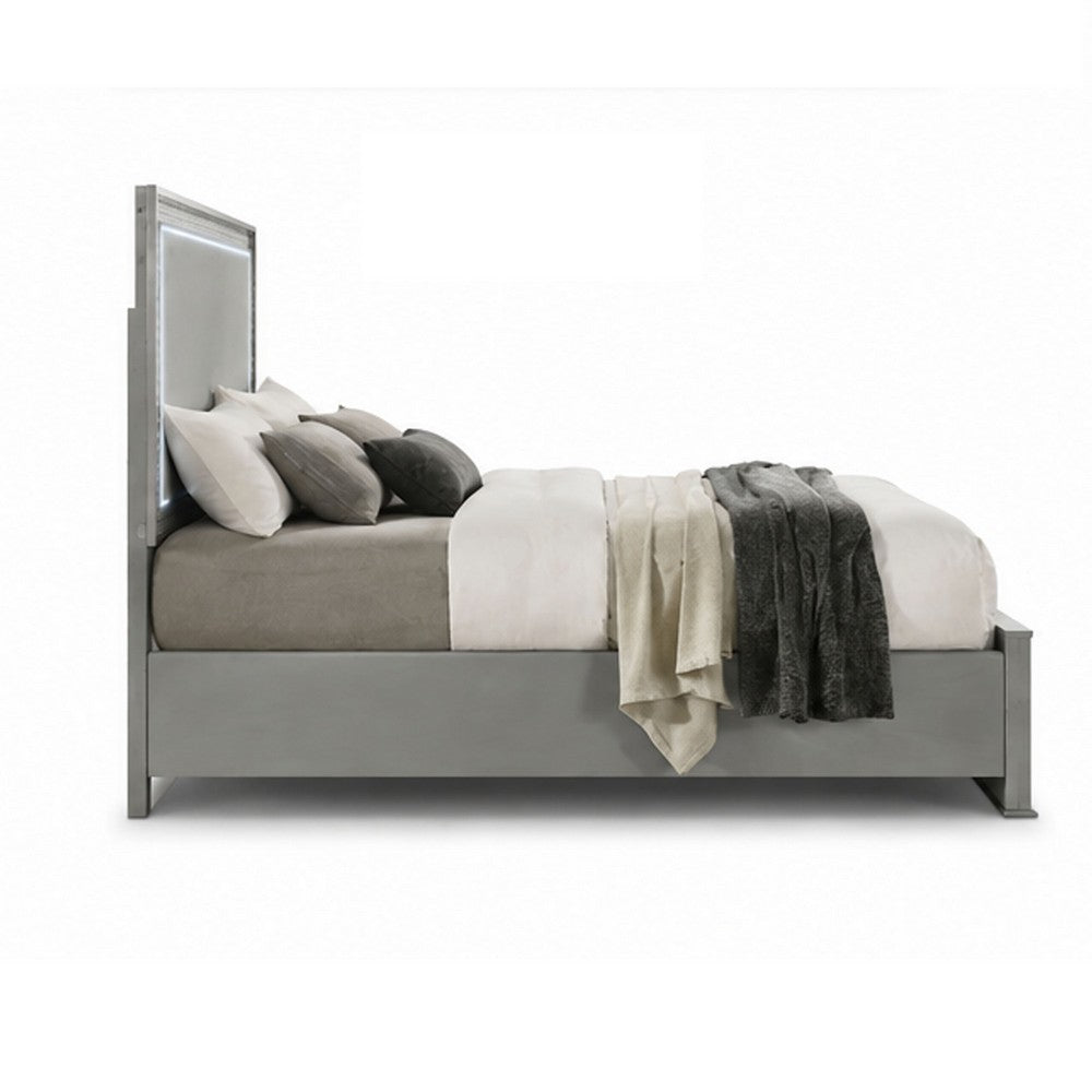 Cyl Queen Bed | LED Headboard | Scale Molding Trim in Silver | Metallic Gray