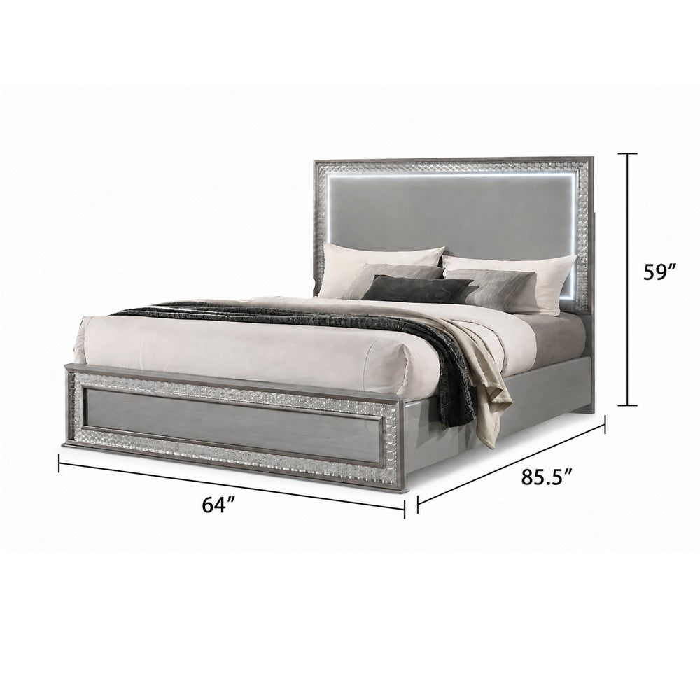 Cyl Queen Bed | LED Headboard | Scale Molding Trim in Silver | Metallic Gray