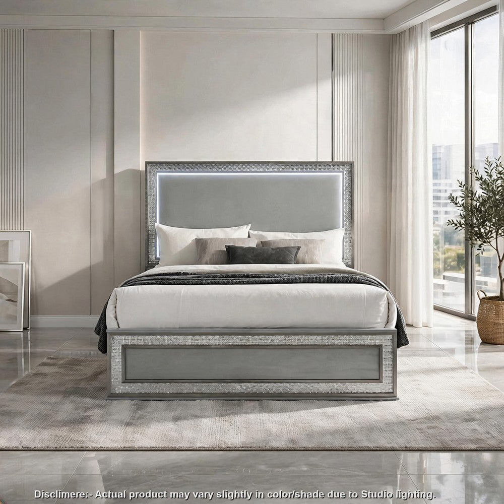 Cyl Queen Bed | LED Headboard | Scale Molding Trim in Silver | Metallic Gray