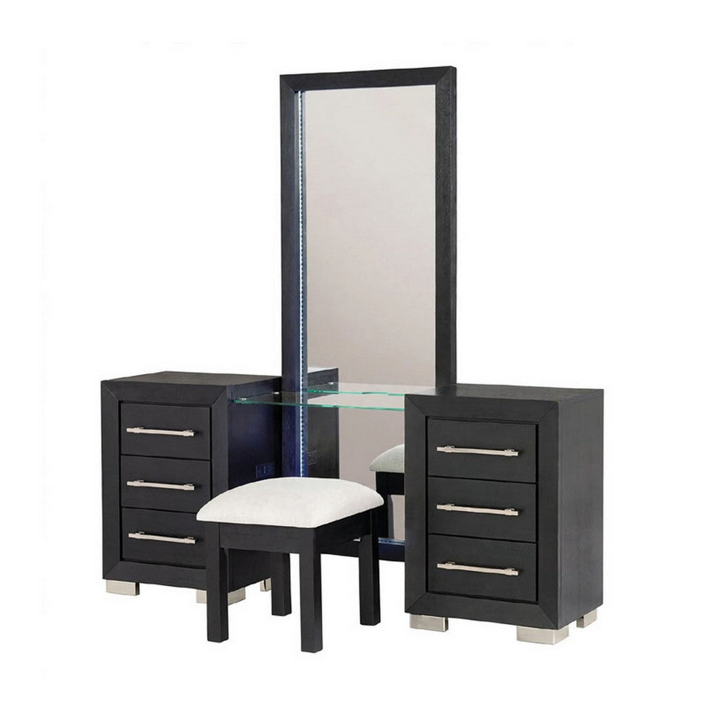 Ashen 4pc Vanity Set w LED Mirror | Storage Stool w Foam Cushion | Black