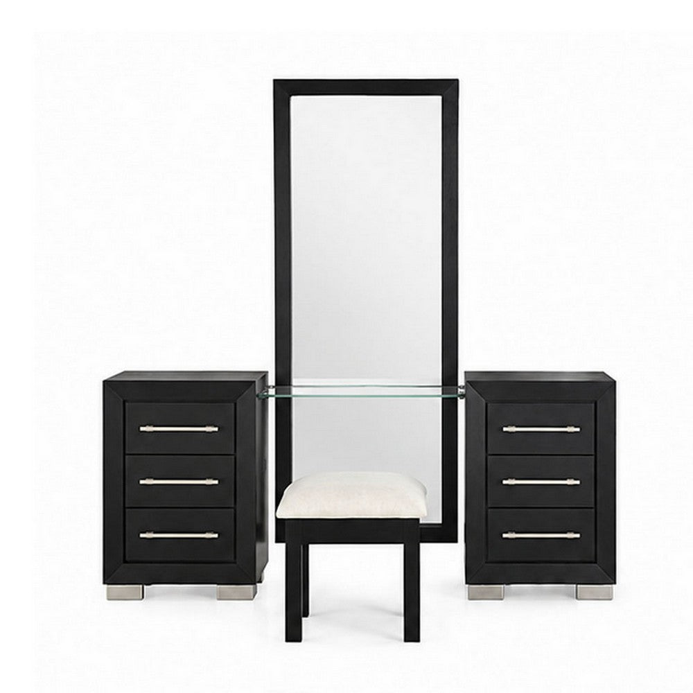 Ashen 4pc Vanity Set w LED Mirror | Storage Stool w Foam Cushion | Black