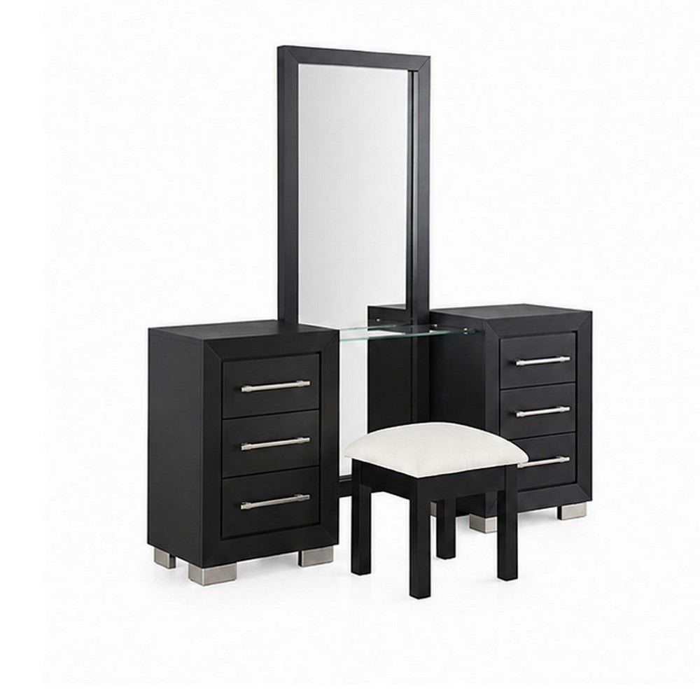 Ashen 4pc Vanity Set w LED Mirror | Storage Stool w Foam Cushion | Black