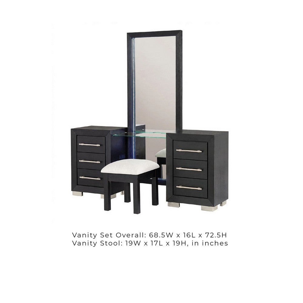Ashen 4pc Vanity Set w LED Mirror | Storage Stool w Foam Cushion | Black