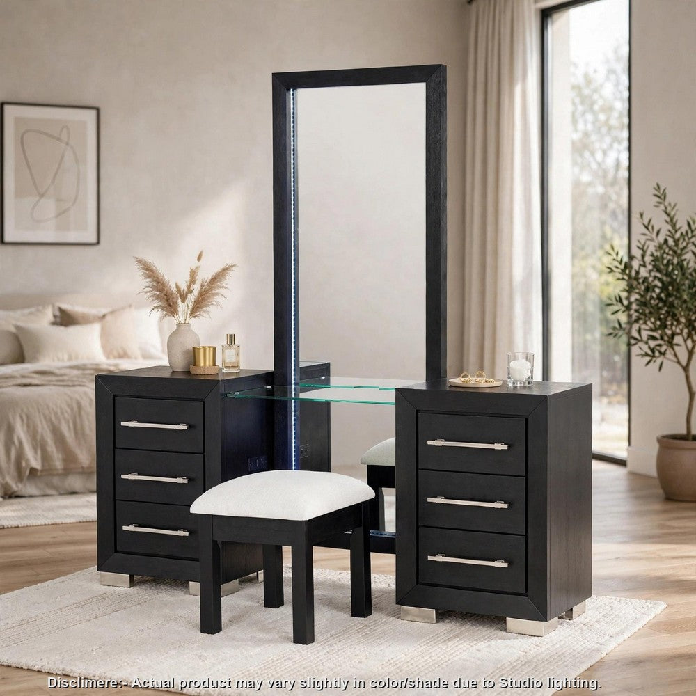 Ashen 4pc Vanity Set w LED Mirror | Storage Stool w Foam Cushion | Black