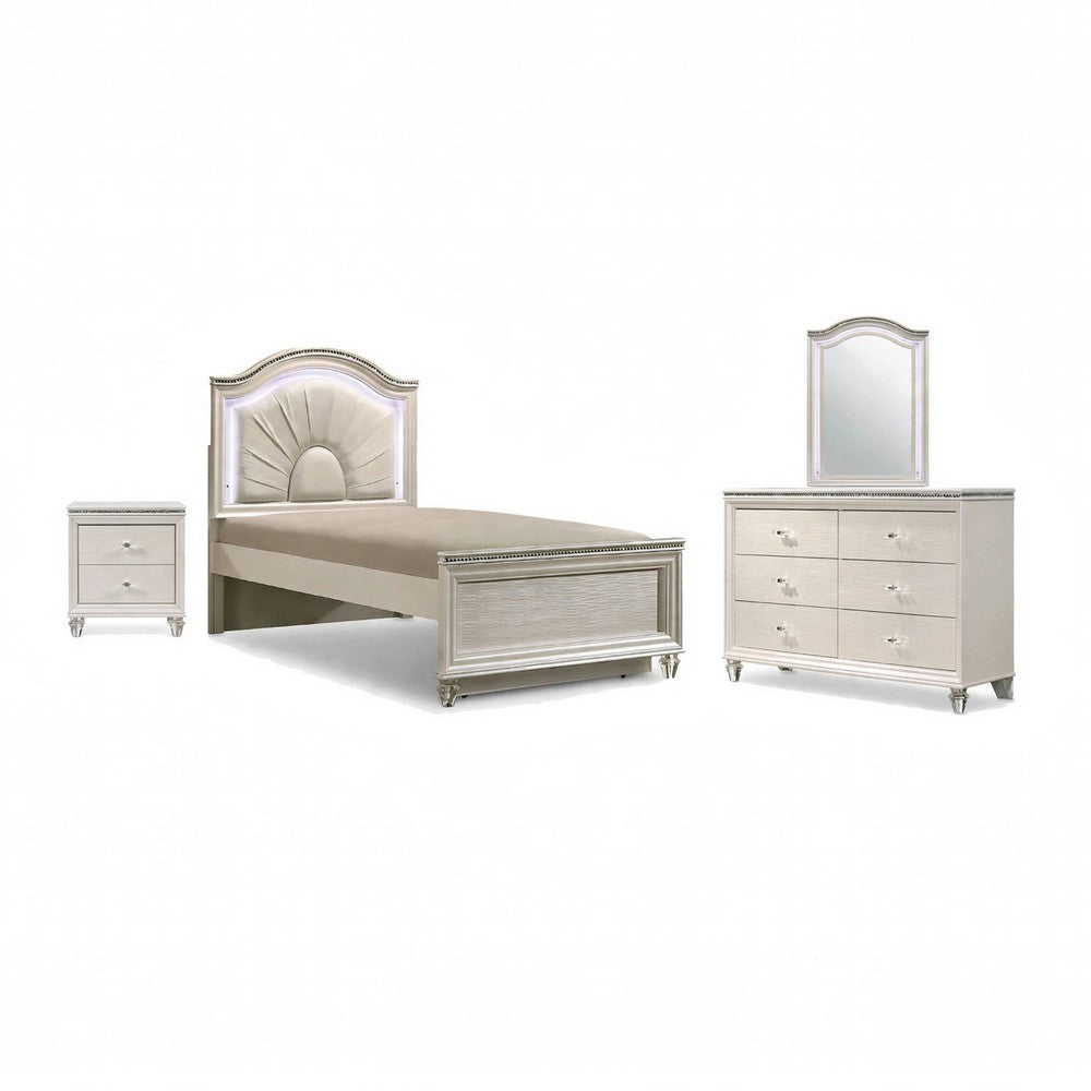 Jisoo 4pc Full Bedroom Set | LED Headboard, Dresser, Mirror | Pearl White