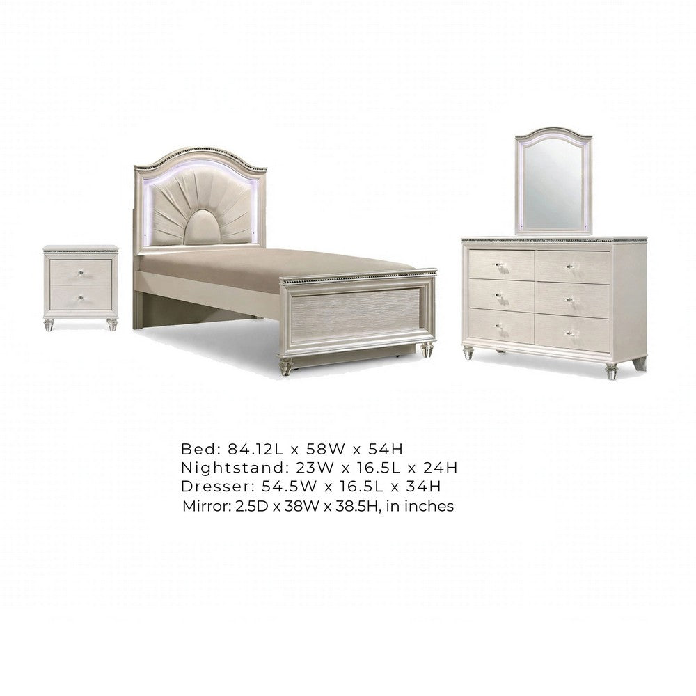 Jisoo 4pc Full Bedroom Set | LED Headboard, Dresser, Mirror | Pearl White