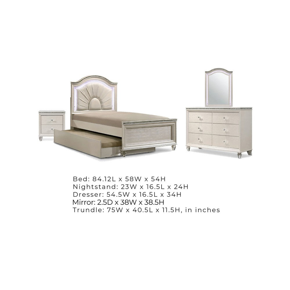 Jisoo 4pc Full Bedroom Set w Trundle | LED Headboard | Pearl White