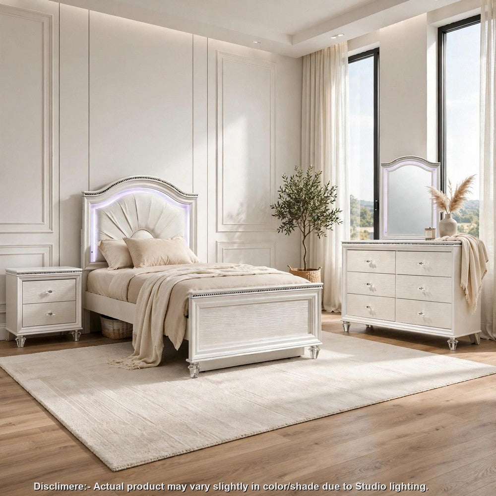Jisoo 4pc Twin Bedroom Set | LED Headboard, Dresser, Mirror | Pearl White