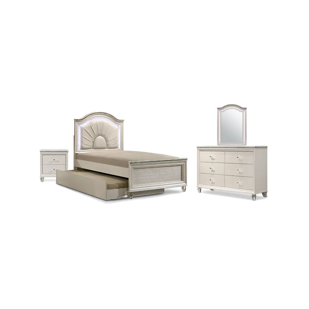 Jisoo 4pc Twin Bedroom Set w Trundle | LED Headboard | Pearl White