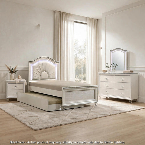 Jisoo 4pc Twin Bedroom Set w Trundle | LED Headboard | Pearl White
