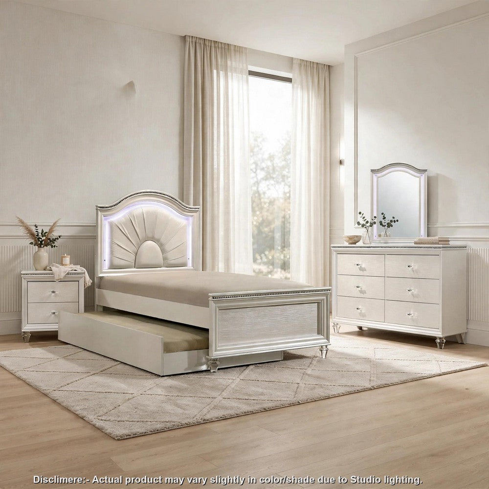 Jisoo 4pc Twin Bedroom Set w Trundle | LED Headboard | Pearl White