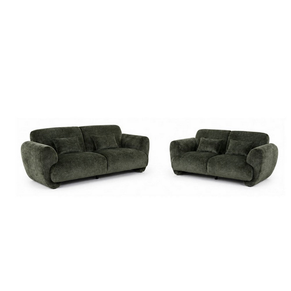 2pc Sofa and Loveseat Set w 4 Pillows | Flared Arms | Olive Green Chenille