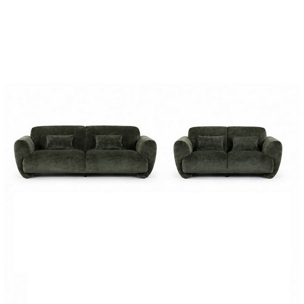 2pc Sofa and Loveseat Set w 4 Pillows | Flared Arms | Olive Green Chenille