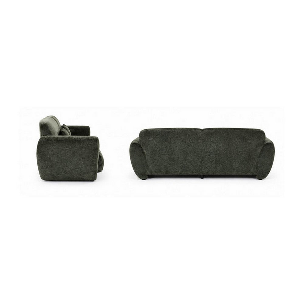 2pc Sofa and Loveseat Set w 4 Pillows | Flared Arms | Olive Green Chenille