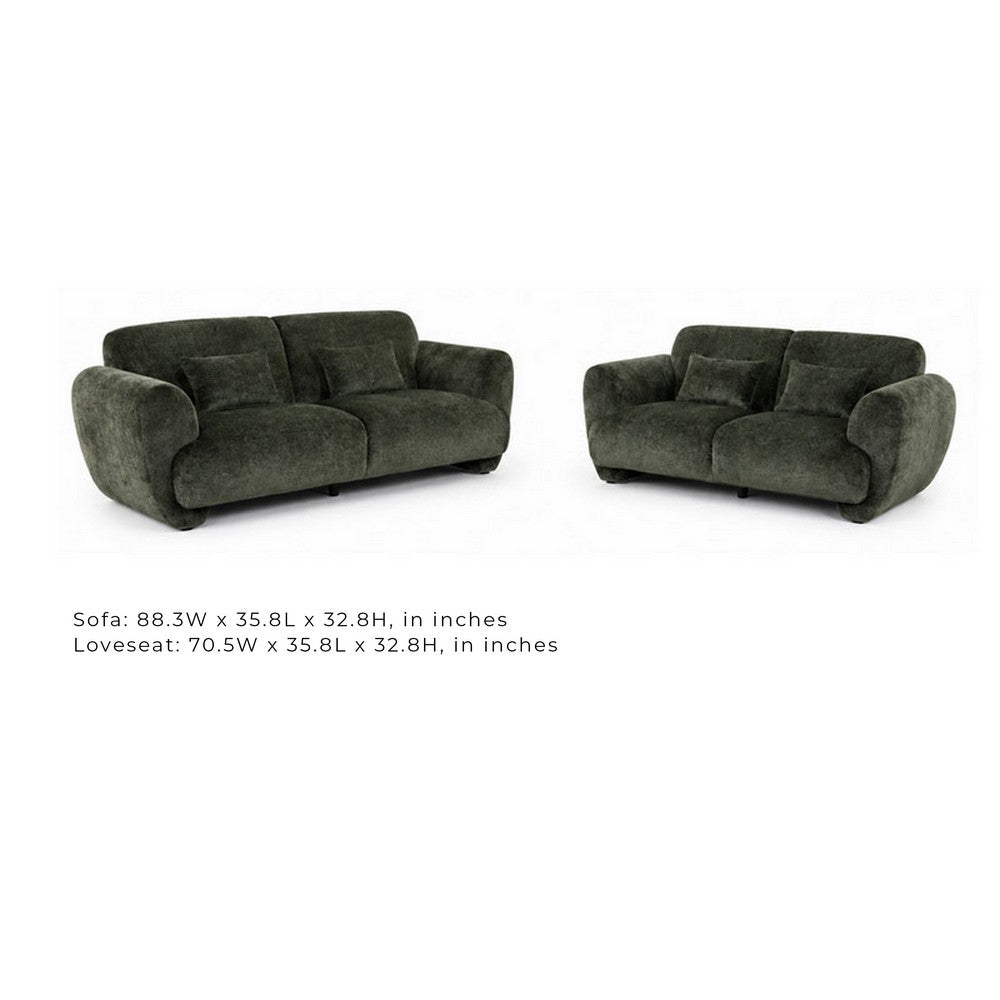 2pc Sofa and Loveseat Set w 4 Pillows | Flared Arms | Olive Green Chenille