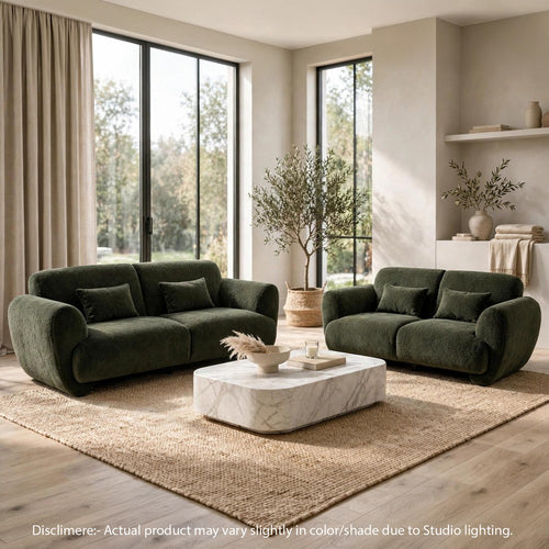 2pc Sofa and Loveseat Set w 4 Pillows | Flared Arms | Olive Green Chenille