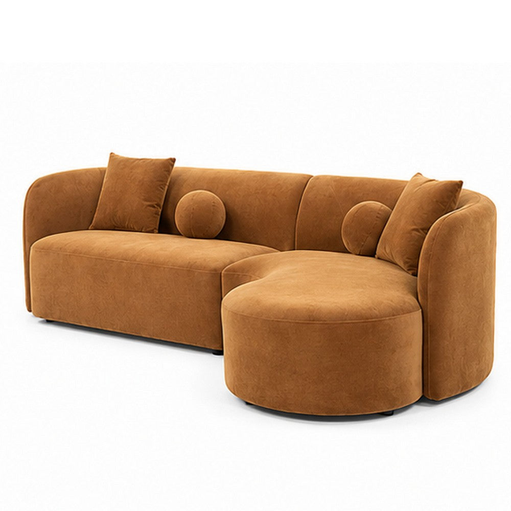 Revi Curved Sectional Sofa | 4 Pillows | Caramel Brown Chenille 112"