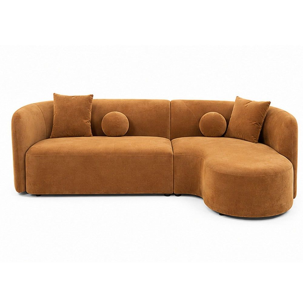 Revi Curved Sectional Sofa | 4 Pillows | Caramel Brown Chenille 112"