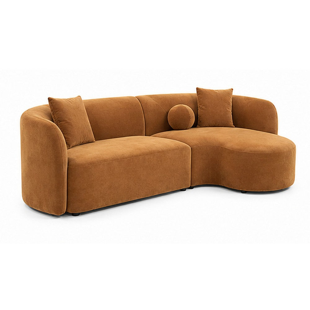 Revi Curved Sectional Sofa | 4 Pillows | Caramel Brown Chenille 112"